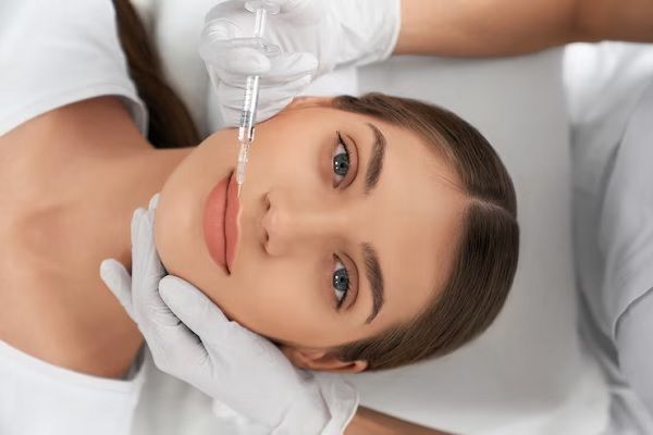 Mujer joven recibiendo sérum en los labios para aumentar el volumen