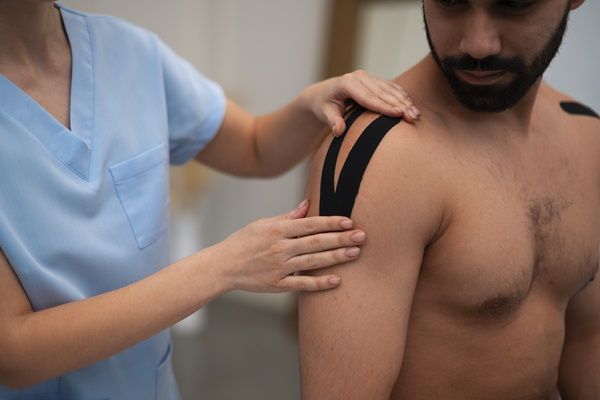 Hombre con lesion deportiva revisandose para electroestimulación