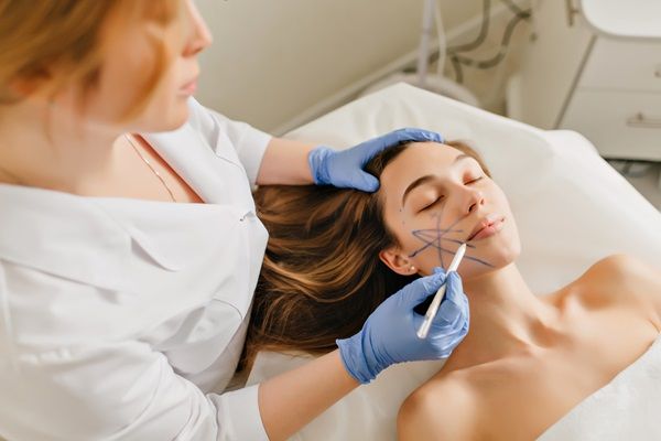 Mejor clínica estética en Barcelona – Médico especialista realiza un diseño del tratamiento estético sobre el rostro de una mujer