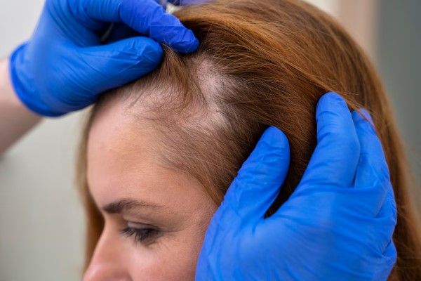 Injerto capilar Barcelona - Tricólogo revisando la zona afectada por la alopecia de una paciente en su consulta