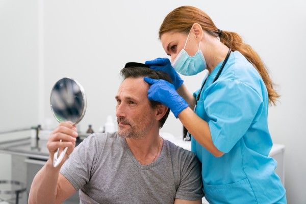 hombre en la consulta de la tricóloga para una evaluación de su salud capilar para un trasplante de cabello sin rapar