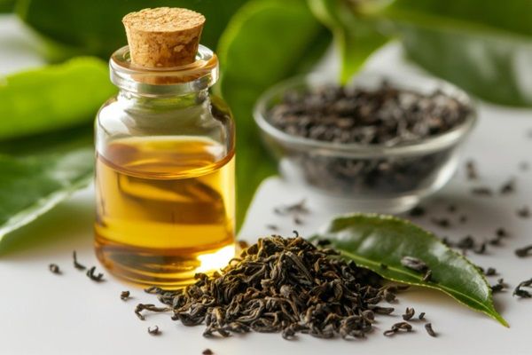 Botella con aceite de árbol de té junto a varias hojas y semillas sobre una mesa blanca