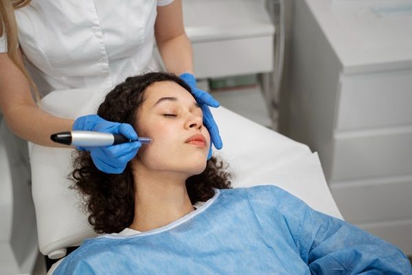 Aparatología estética - Esteticista aplicando un tratamiento con aparatología para mejorar la apariencia física de una mujer