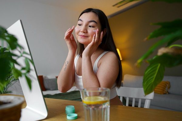Cómo hidratar la piel - Mujer observándose en el espejo mientras se aplica una crema para hidratar la piel del rostro