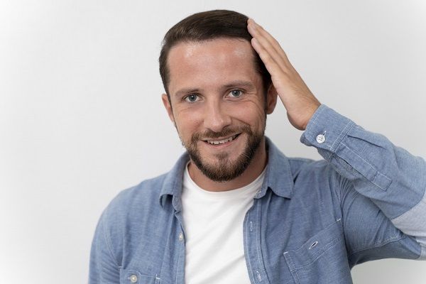 bótox capilar - Hombre joven sonriendo y colocando su mano sobre su cabello.