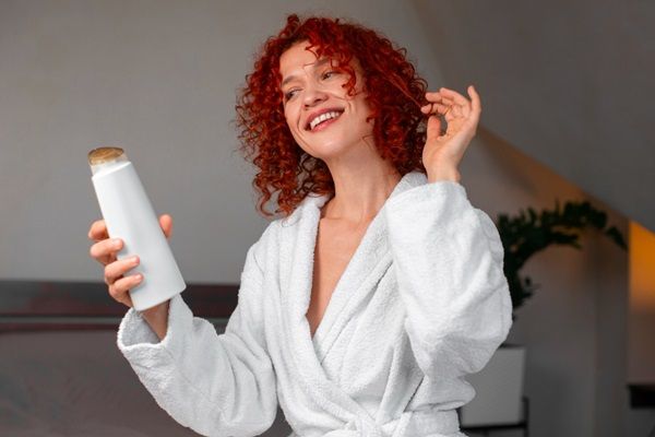 Regeneradores de cabello - Mujer con el cabello rojo sosteniendo en su mano un champú que favorece la regeneración capilar