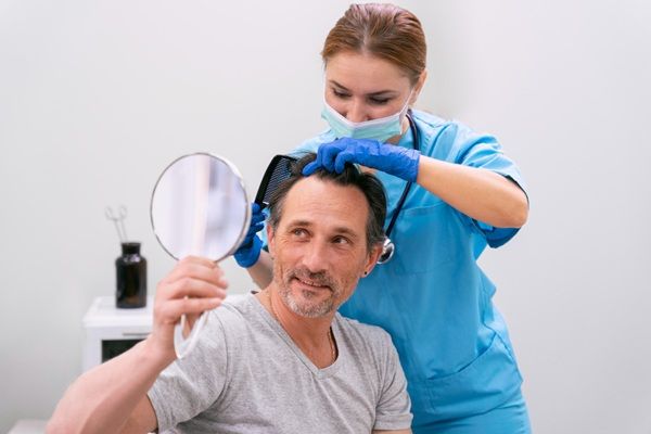 Clínica injerto capilar Turquía - Médico capilar evaluando la evolución del trasplante capilar Turquía en un hombre con alopecia