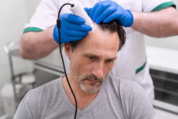 Trasplante capilar Turquía - Médico capilar realizando una evaluación del cuero cabelludo de un hombre con alopecia para determinar el precio injerto capilar Turquía