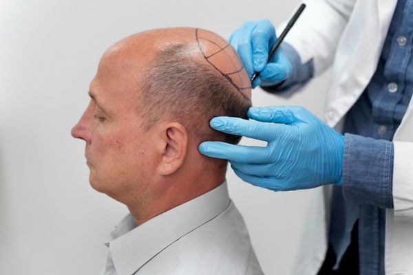 Injertos capilares Madrid - Médico capilar realizando el boceto del injerto capilar Madrid a un hombre con alopecia avanzada