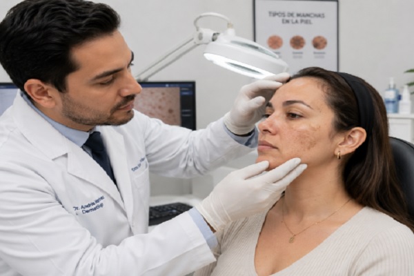 dermatologo revisando las manchas en la cara de una paciente