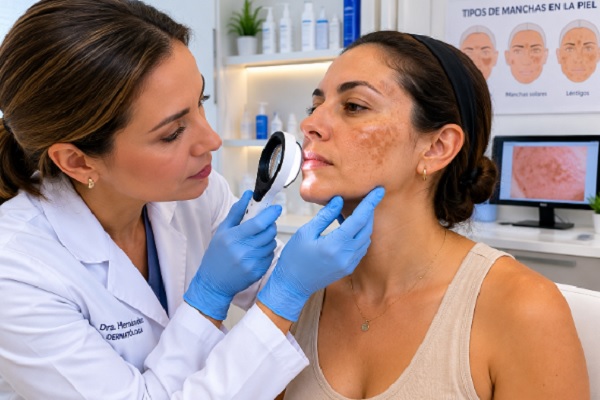 dermatolaga haciendo una revisión para seleccionar el mejor tratamiento para aclarar el rostro