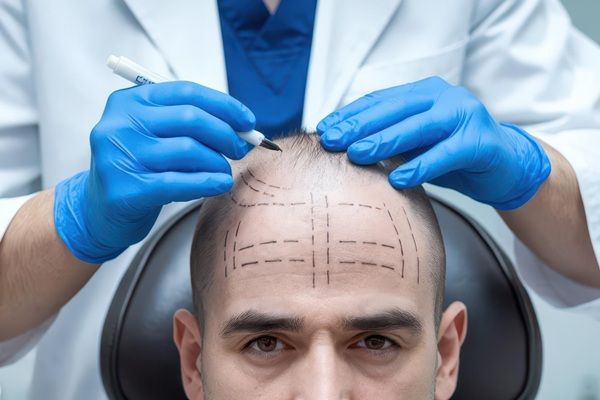 Mejor cirujano capilar España - Tricólogo de la mejor clínica injerto capilar Madrid realizando el boceto del implante capilar Madrid a un hombre con alopecia en las entradas