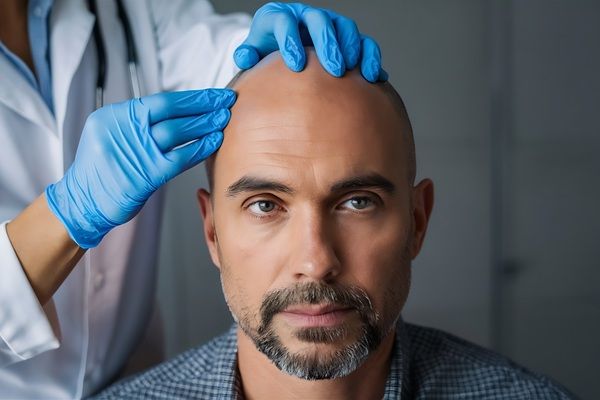 Médico tricólogo evaluando el cuero cabelludo de un hombre para verificar si es viable un injerto capilar Madrid