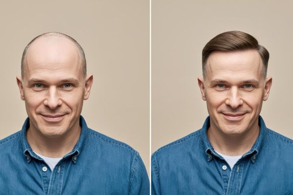 Implante capilar antes y después - Imagen comparativa de un hombre con alopecia luego del trasplante capilar Madrid en la mejor clínica injerto capilar Madrid