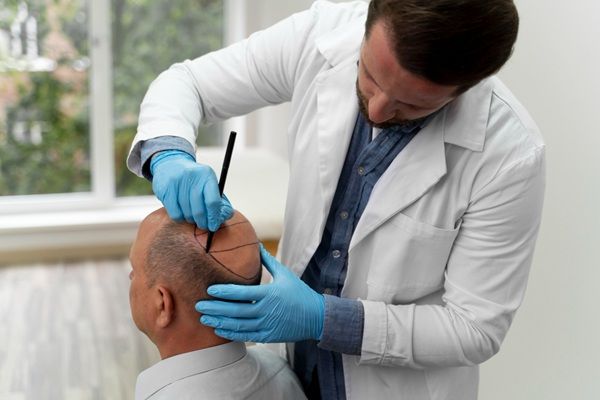Implante capilar Turquía todo incluido - Médico tricólogo realizando el boceto del injerto capilar Turquía a un hombre con alopecia avanzada