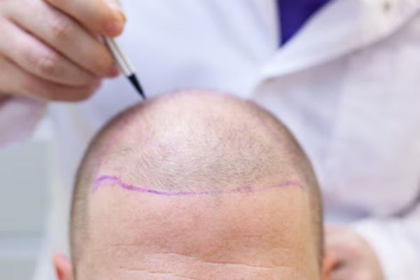 Implante capilar Turquía todo incluido - Cirujano capilar realizando el boceto del implante capilar Turquía a un hombre con alopecia en la coronilla para recuperar el cabello de manera natural