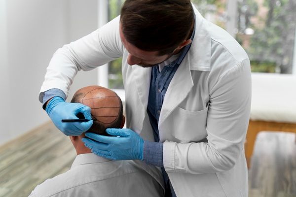 Precio injerto capilar - Cirujano capilar realizando el boceto del trasplante de cabello a un hombre con alopecia avanzada para determinar el precio injerto capilar en Madrid