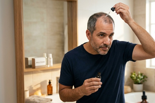 Soluciones a la calvicie - Hombre aplicándose minoxidil tópico recetado por la mejor clínica injerto capilar Madrid para estimular el crecimiento del cabello