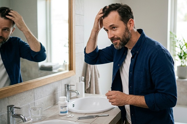 Hombre observando en el espejo el crecimiento del cabello luego de usar productos farmacológicos recetados por las mejores clínicas injerto capilar Madrid