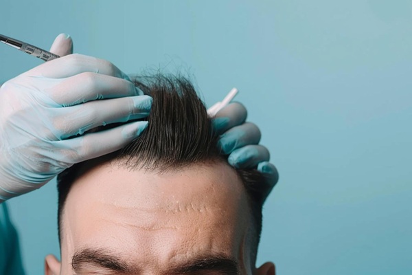 Injerto capilar en Barcelona - Tricólogo evaluando a un hombre con pérdida de cabello en las entradas antes de realizar un trasplante capilar Barcelona