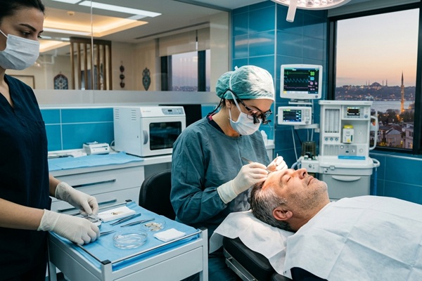 Elegir injerto capilar Turquía - Médico tricólogo realizando un implante capilar Turquía a un hombre con alopecia en las entradas