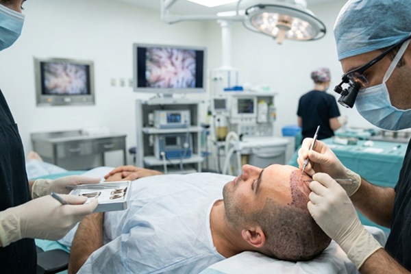 Médico tricólogo realizando un trasplante de cabello a un hombre con alopecia androgénica
