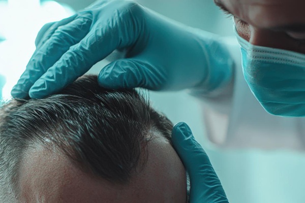 Cirujano capilar de la mejor clínica injerto capilar Madrid evaluando el cuero cabelludo de un hombre con pérdida de cabello en las entradas