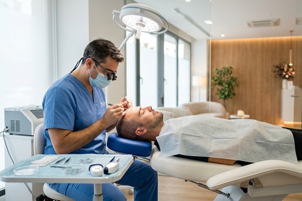 Clínica injerto capilar Barcelona - Médico tricólogo de la mejor clínica trasplante capilar Barcelona realizando un procedimiento de implante de cabello a un hombre