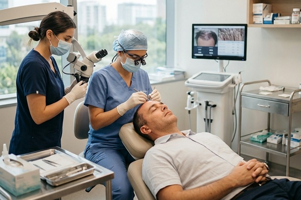 Tricóloga realizando la implantación de folículos capilares a un hombre para recuperar el cabello de forma natural