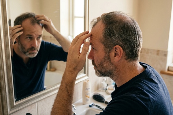 Países con mayor índice de alopecia - Hombre observando en el espejo el avance de la calvicie en las entradas del cuero cabelludo
