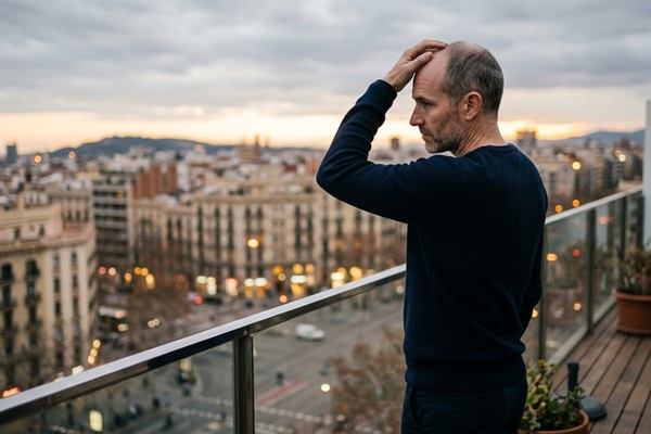 Países con mayor índice de alopecia - Hombre con alopecia observando la ciudad mientras considera realizarse un injerto capilar Madrid