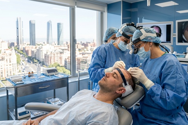 Trasplante capilar Madrid - Médico tricólogo realizando un implante de cabello a un hombre en la mejor clínica trasplante capilar Madrid