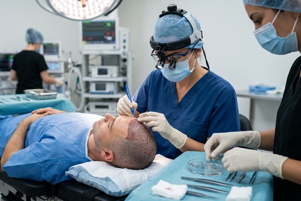 Cirujana capilar realizando un injerto de cabello a un hombre con alopecia en las entradas