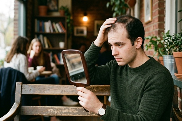 Calvicie en jóvenes - Hombre joven observando el avance de la alopecia en las entradas debido a factores genéticos y de estrés
