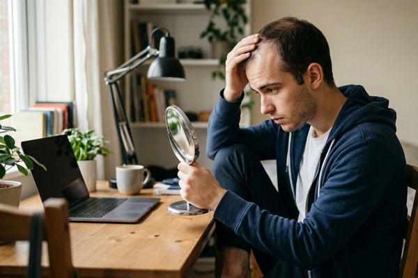 Calvicie en jóvenes - Hombre con cara de preocupación observando el avance de la alopecia sin conocer cuánto cuesta un implante capilar