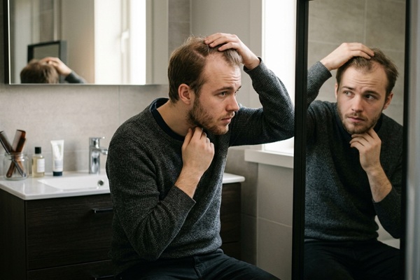 Calvicie en jóvenes - Hombre joven observando en el espejo el avance de la alopecia en las entradas antes de realizarse un injerto capilar España