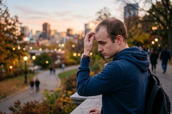 Hombre con alopecia en las entradas debido al estrés constante y factores genéticos