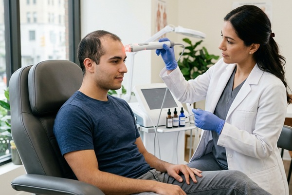 Médico tricólogo realizando un tratamiento para estabilizar la alopecia en un hombre antes del injerto capilar España
