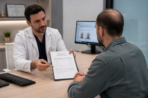 Médico mostrando presupuesto con precio injerto capilar a paciente con alopecia
