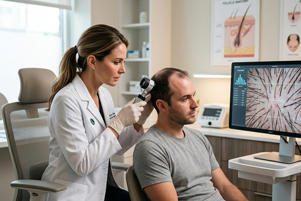 Cirujana capilar evaluando el cuero cabelludo de un hombre con alopecia