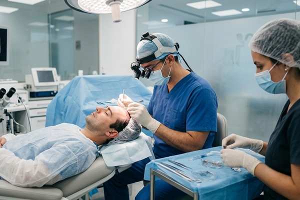 Médico tricólogo realizando un implante de cabello a un hombre con alopecia en las entradas