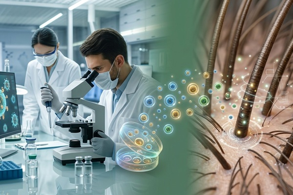 Biotecnología capilar - Imagen comparativa de la biociencia con exosomas y sus beneficios en el trasplante capilar