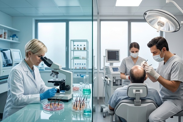 Biotecnología capilar - Imagen comparativa de los tratamiento capilares con exosomas y el injerto capilar España