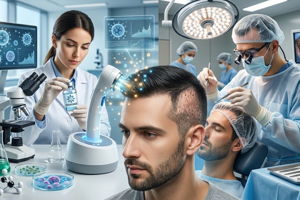 Imagen comparativa de los beneficios que tiene la biociencia con exosomas en el trasplante de cabello