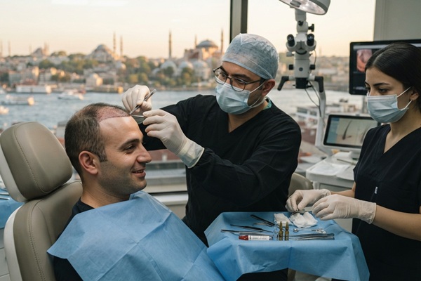 Cuánto cuesta un injerto capilar - Médico tricólogo realizando un injerto capilar Turquía a un hombre con alopecia en las entradas