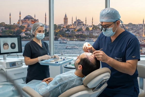 Cirujano realizando un trasplante de cabello a un hombre con alopecia avanzada en Turquía