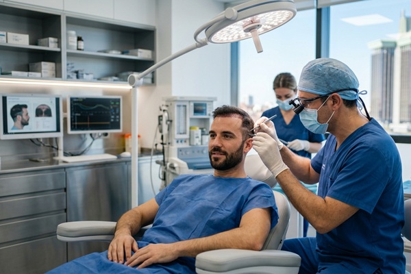 Cirugía capilar Madrid - Médico tricólogo realizando un implante capilar a un hombre con alopecia en la mejor clínica injerto capilar Madrid