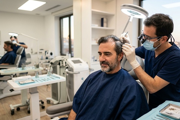 Médico tricólogo realizando un implante de cabello a un hombre con alopecia androgénica