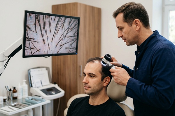 Tricólogo evaluando el cuero cabelludo de un hombre con alopecia para determinar la mejor técnica de injerto de cabello