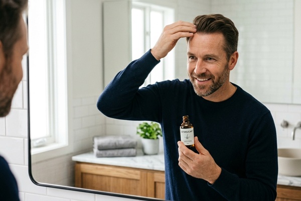 Stimucap - Hombre aplicándose una loción con Stimucap para frenar la caída del cabello